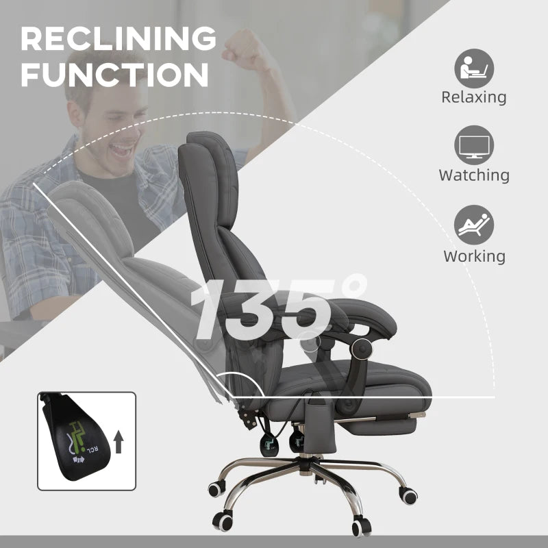 Vinsetto High Back Massage Office Chair with Heat & Footrest - Grey PU Leather Reclining Computer Chair