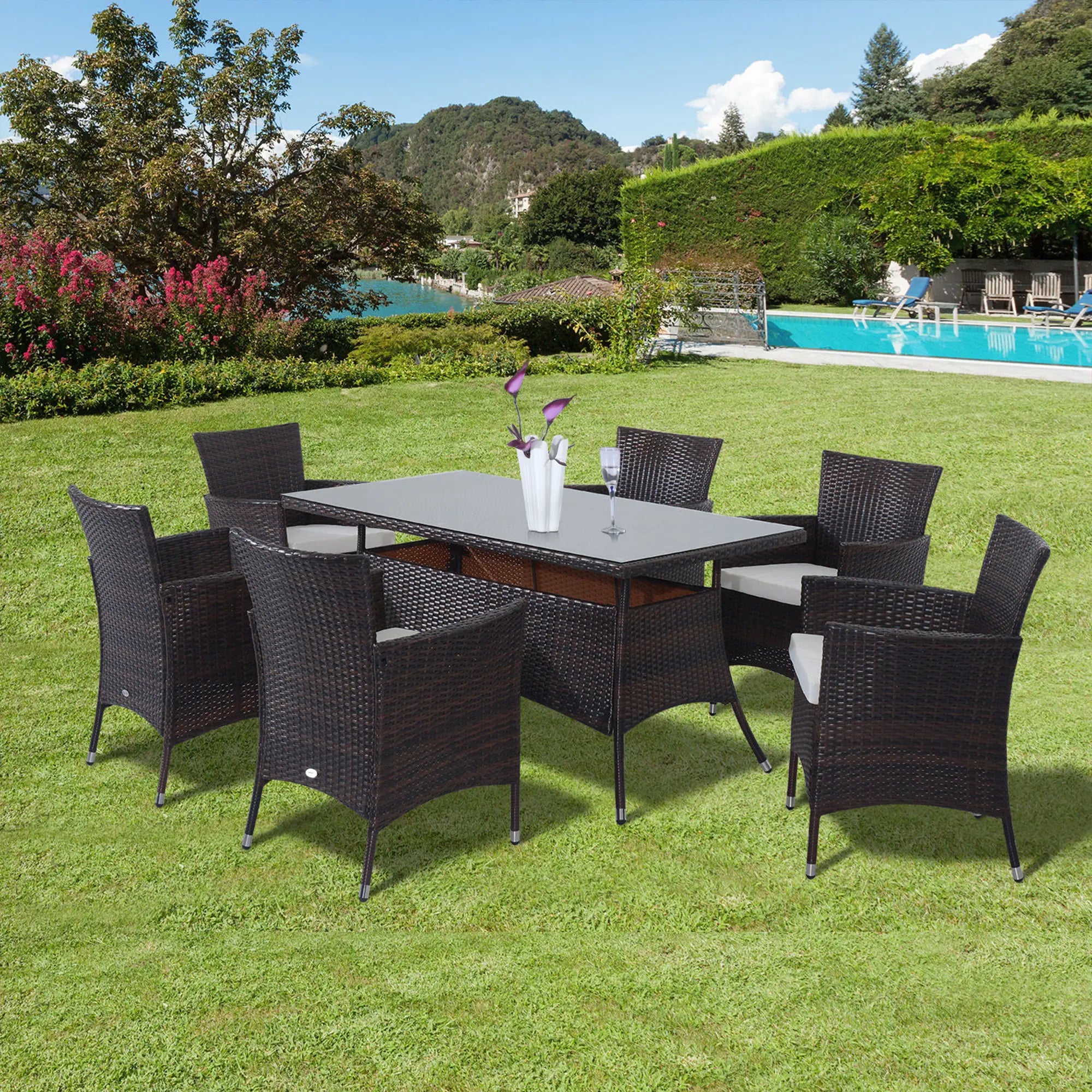 Brown 6 Seater Rattan Dining Set with Cushions and Rectangular Glass Top Table