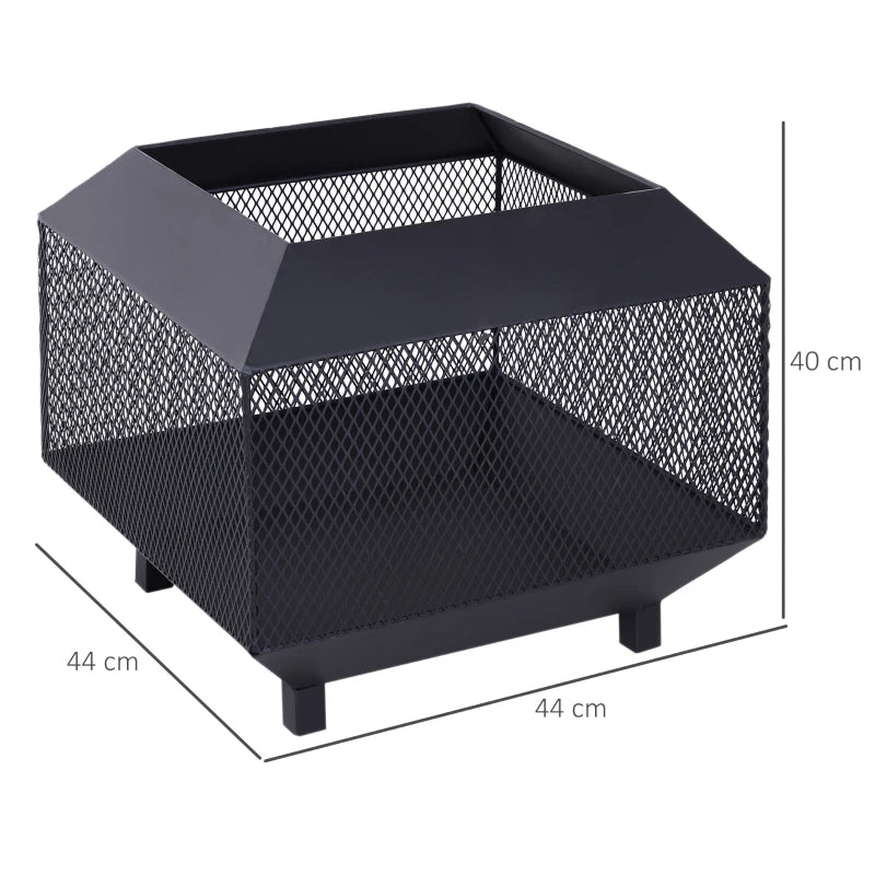 Metal Square Fire Pit with Lid & Poker - Outdoor Mesh Brazier for Backyard, Camping & Bonfire - 44x44x40cm, Black