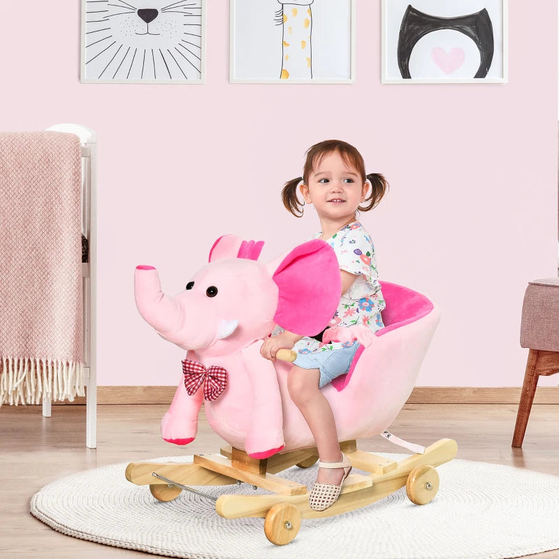 2-in-1 Plush Baby Rocking Horse Elephant with Wheels - Wooden Toy for Kids, 32 Songs, Ideal for 18+ Months (Pink)