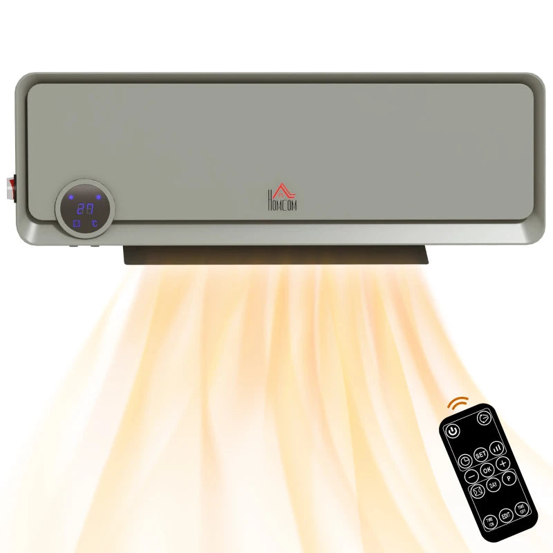 Electric Wall Downflow Heater 2000W with Timer and Remote Control Oscillating Fan for Bedroom and Home Office Grey