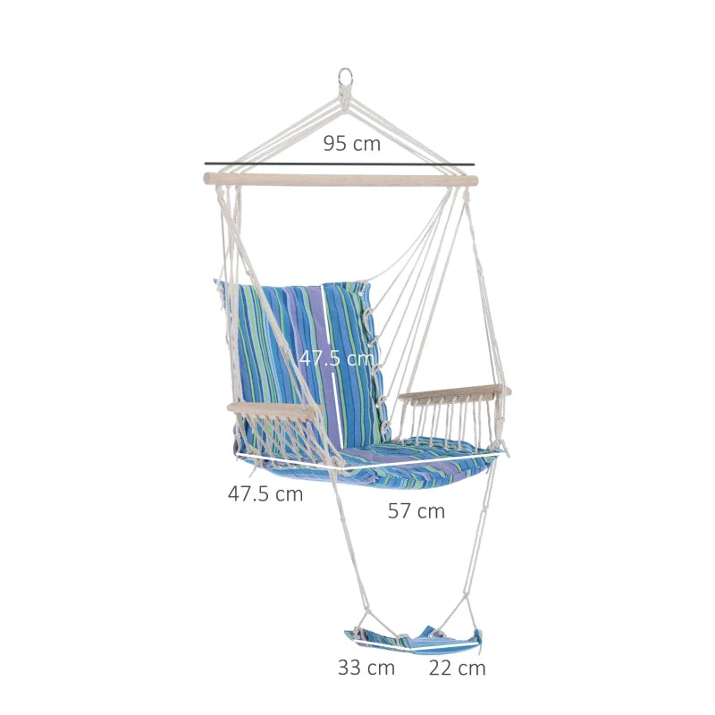 Blue Hanging Rope Hammock Chair with Padded Seat & Backrest