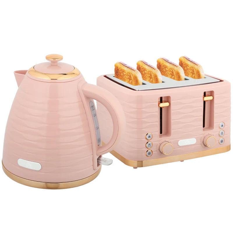 Light Pink 3000W Kettle & 4 Slice Toaster Set - 1.7L Capacity, 7 Browning Controls, Easy Clean Crumb Tray
