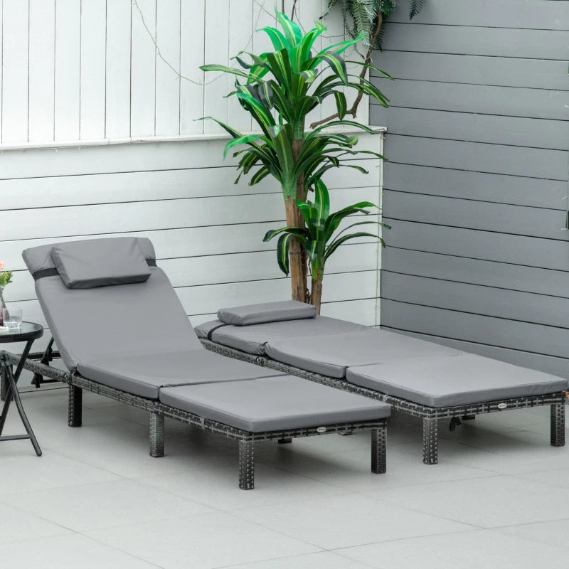Grey Rattan Sun Loungers Set of 2 with Cushion
