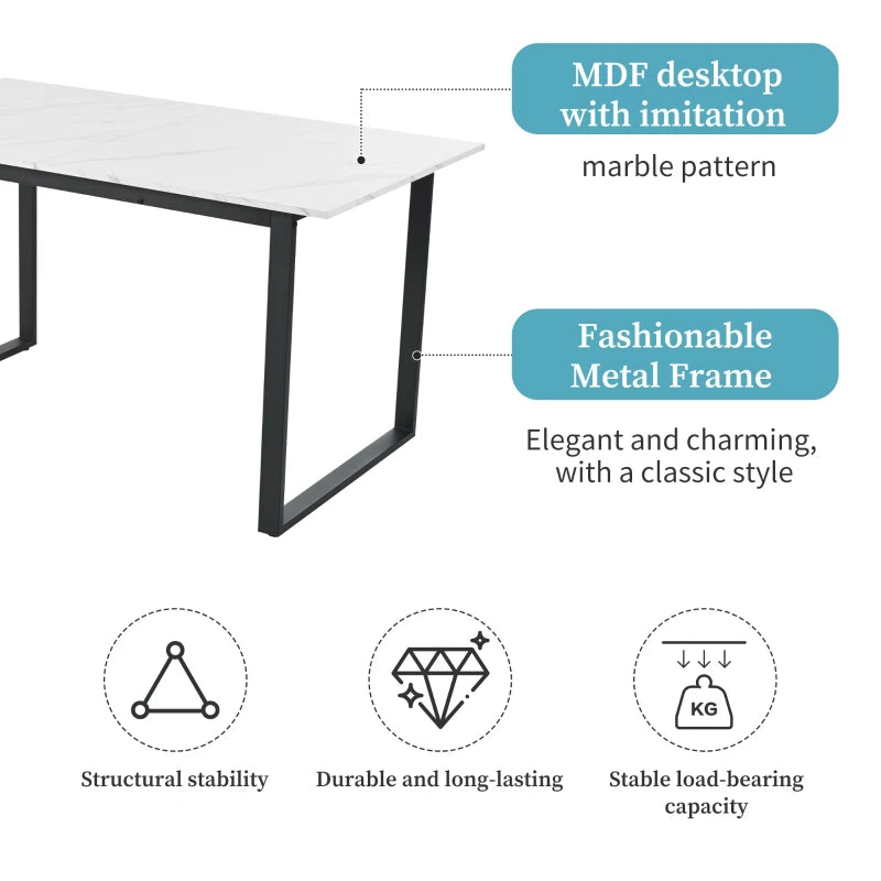 Telescopic Oblong Dining Table - Extendable MDF Marble Top with Iron Legs, 180x80x75 cm, Modern White Design for Dining Room