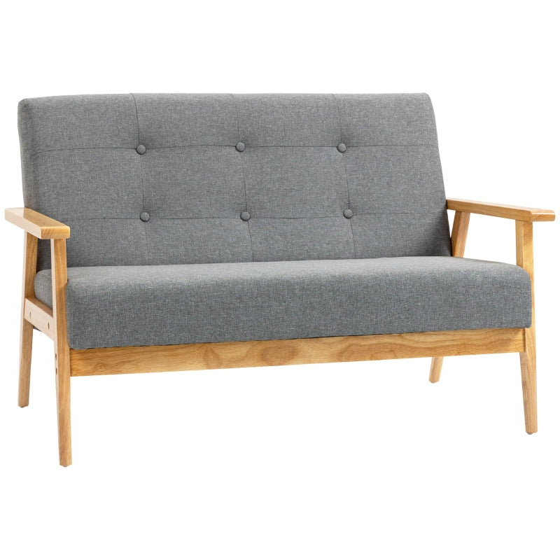 Modern 2 Seater Sofa in Dark Grey Linen Fabric with Tufted Design and Rubberwood Legs for Living Room and Kitchen