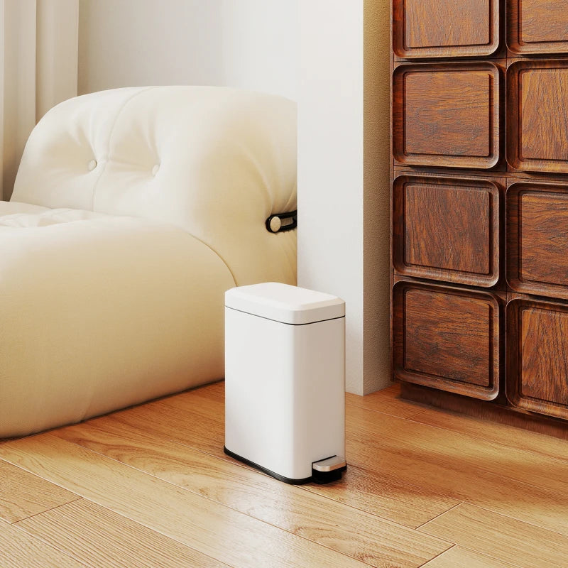 5L Rectangular Compact Steel Trash Can with Removable Bucket & Quiet-Close Lid - Ideal for Home, Office, Bathroom, Living Room - Clean White
