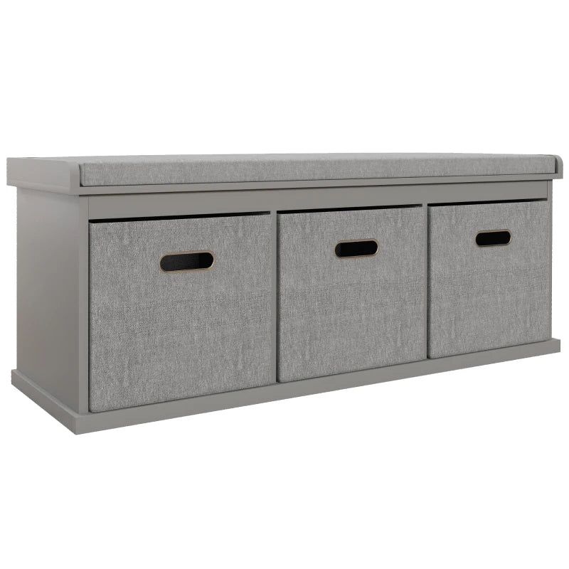 Three Drawer Shoe Storage Bench with Padded Top Seat in Grey