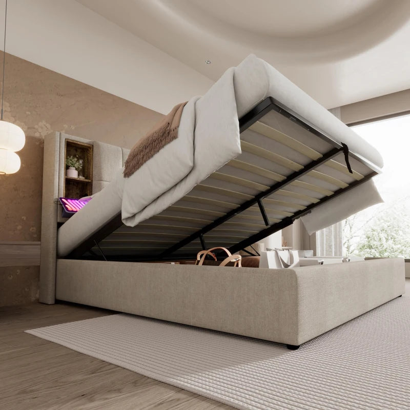 Upholstered Double Bed with Wireless Charging and Hydraulic Storage in Natural Linen Fabric