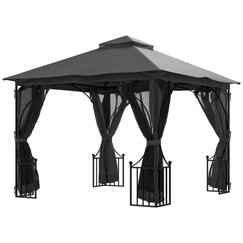 3m x 3m Dark Grey Garden Gazebo - Patio Party Tent Shelter with Double Tier Canopy and Metal Frame