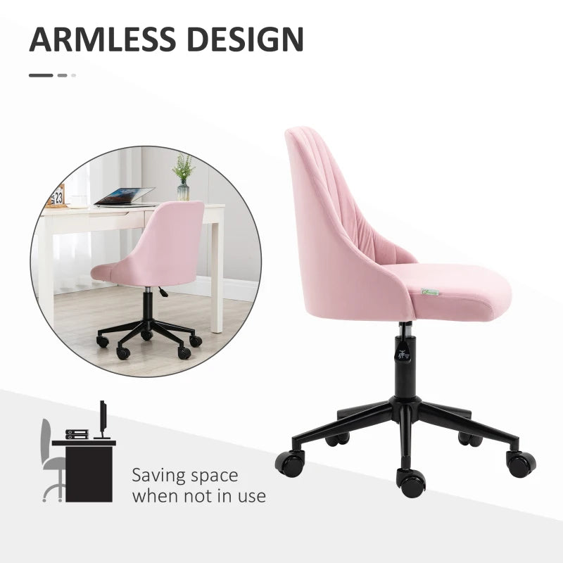 Vinsetto Pink Velvet-Feel Armless Office Chair - Stylish Ergonomic Design for Home & Office - Comfortable Seating Solution