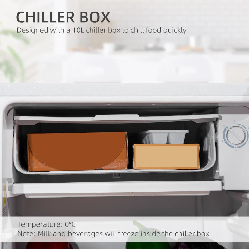 91L Freestanding Under Counter Fridge Freezer - Compact Chiller Box, Adjustable Thermostat, 47.5cm Wide, Stylish White Design