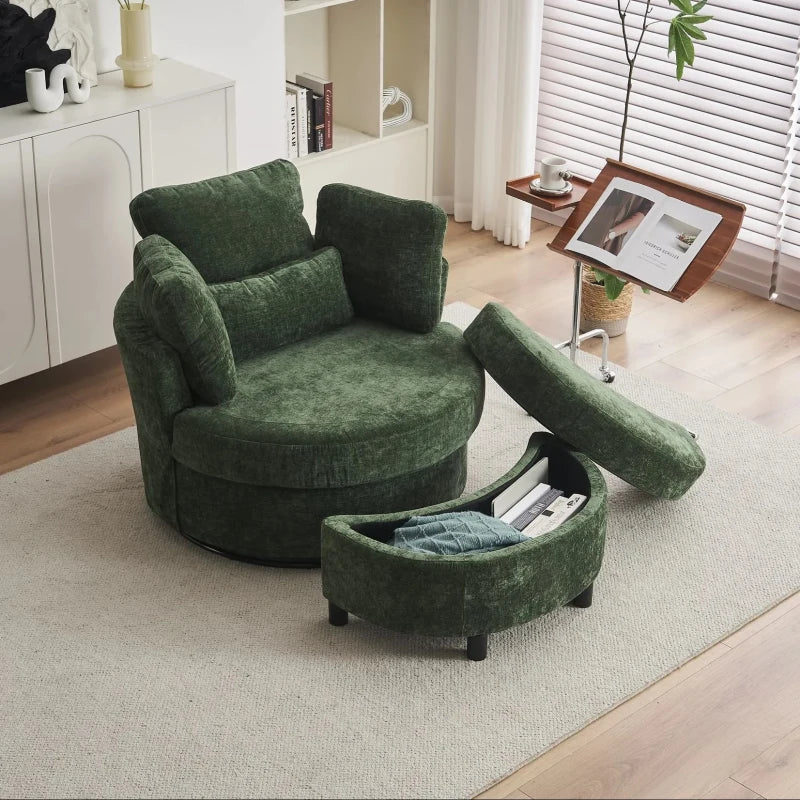 Stylish Green Chenille Swivel Armchair with Cushions and Ottoman Stool, 360° Recliner Sofa, 107L x 105W x 82H cm