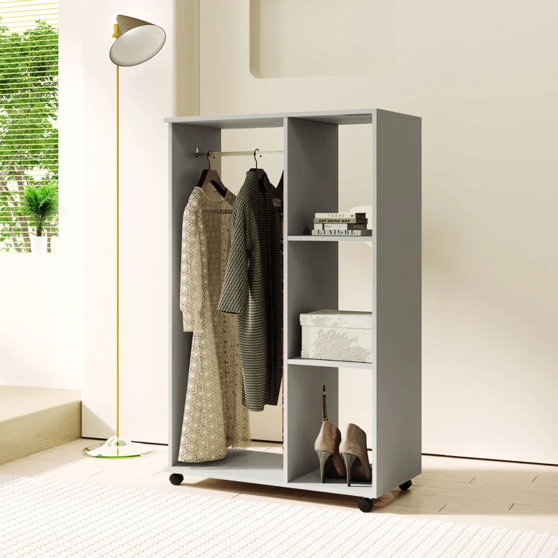Mobile Open Wardrobe with Clothes Hanging Rail and Storage Shelves for Bedroom or Hallway Grey