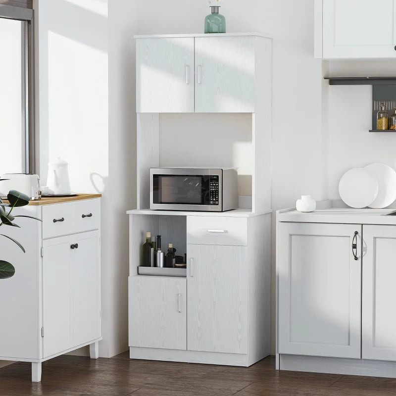 Modern Freestanding Kitchen Cupboard - Stylish Storage Cabinet with Doors, Adjustable Shelves & Microwave Counter in White