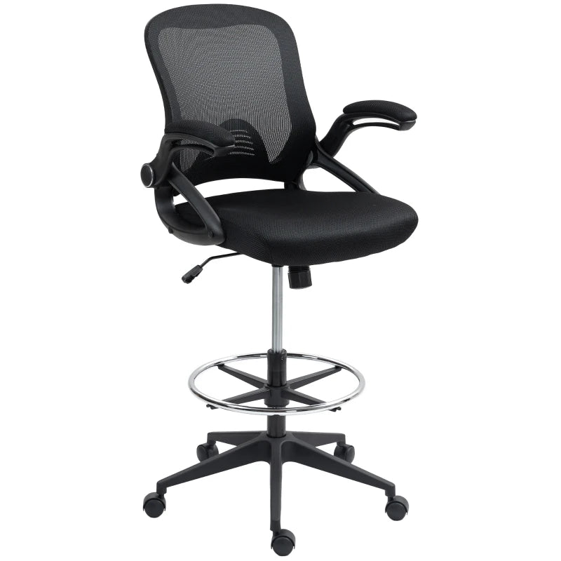 Vinsetto Adjustable Drafting Chair with Flip-Up Armrests, Mesh Office Stool, 360° Swivel, Foot Ring for Standing Desks - Black