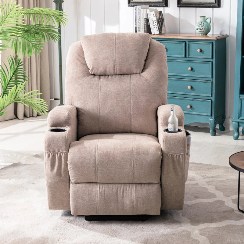 Electric Recliner Chair with Remote Control, Massage and Heating Features, Cup Holders and Side Pockets, Ideal for Seniors, Light Brown