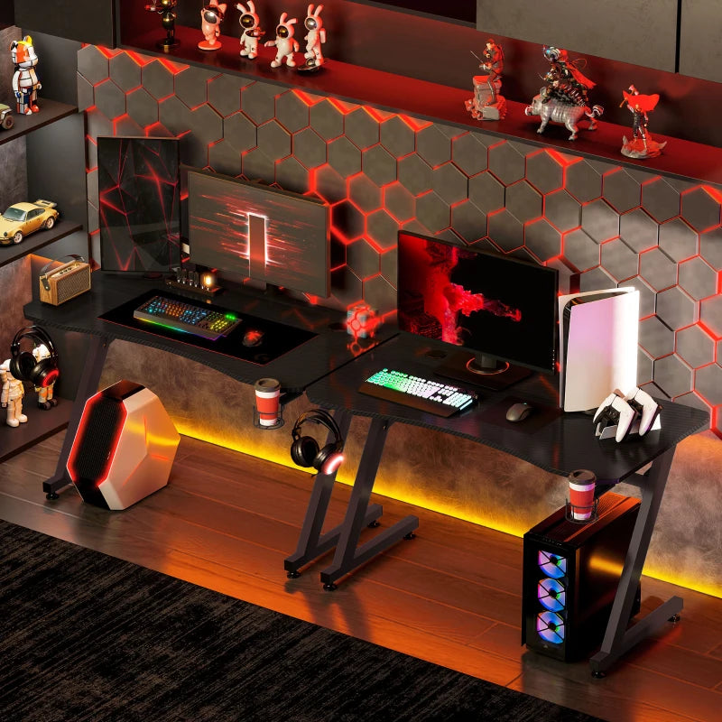 Gaming Desk 120x65 cm - Steel Frame, Cup Holder, Headphone Hook, Adjustable Feet, Cable Organizer - Black Home Office Table