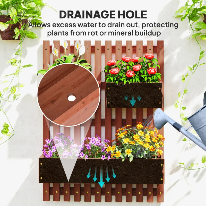 Wall-Mounted Wooden Garden Planters with Trellis - Brown - 3 Planter Boxes with Drainage Holes for Patio - 120cm