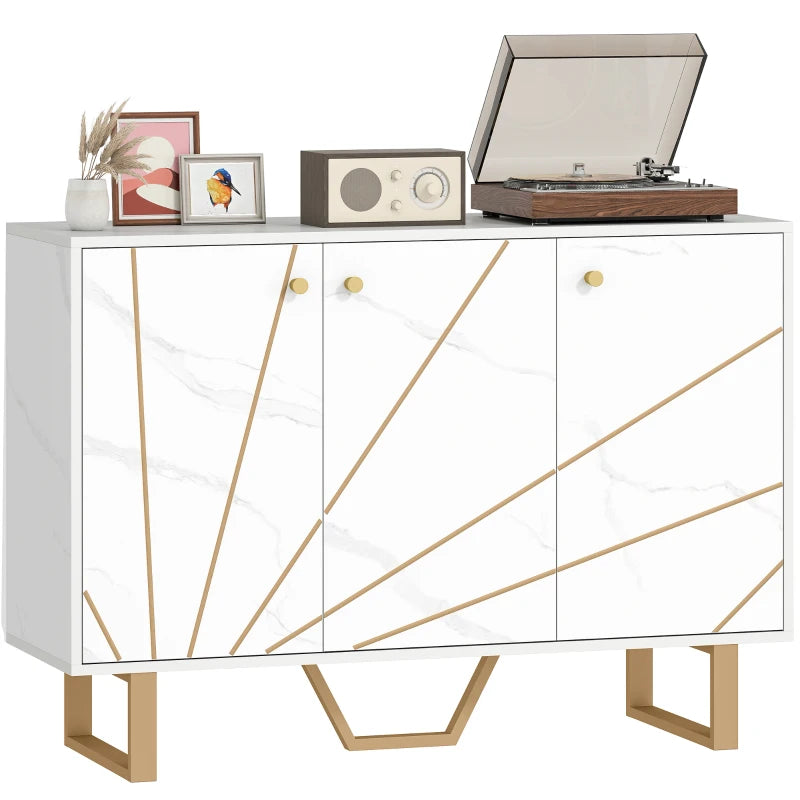 Modern Sideboard Storage Cabinet with Adjustable Shelves & Metal Legs - White Marble Tone for Living Room, Kitchen, Dining Room, Entryway