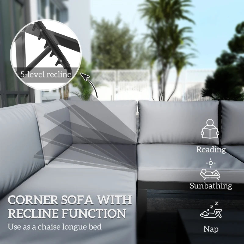 4-Piece Light Grey Outdoor Patio Garden Lounge Set With  5-Level Recline and Wood Grain Plastic Table