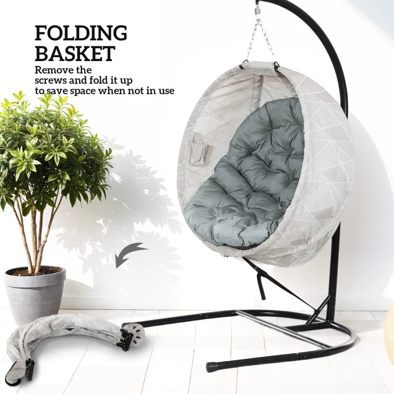 Hanging Egg Chair - Grey Outdoor Indoor Garden Swing Chair with Folding Basket, Stand, Thickened Cushion & Cup Holder - Perfect for Patio & Balcony