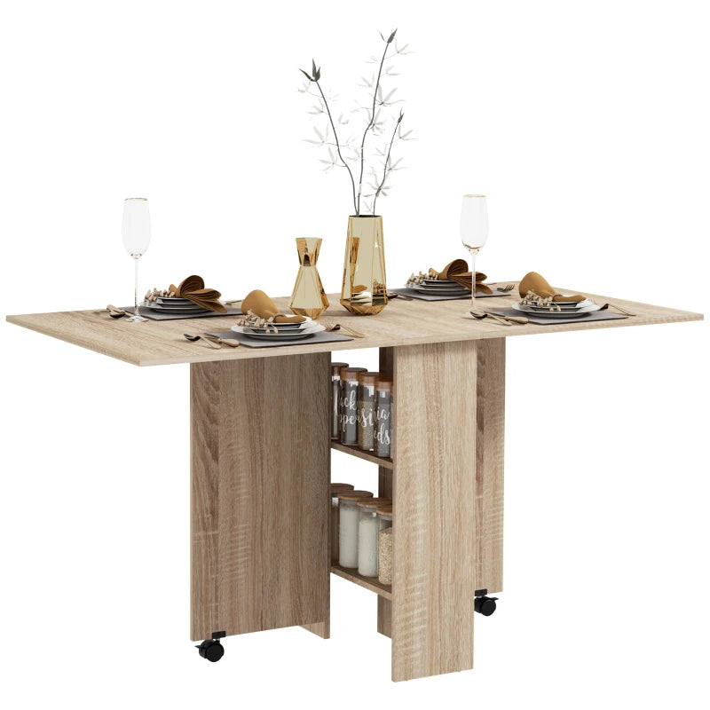 Folding Drop Leaf Dining Table for Small Spaces - 2-Tier Shelves & Rolling Casters - Natural Finish Kitchen Table