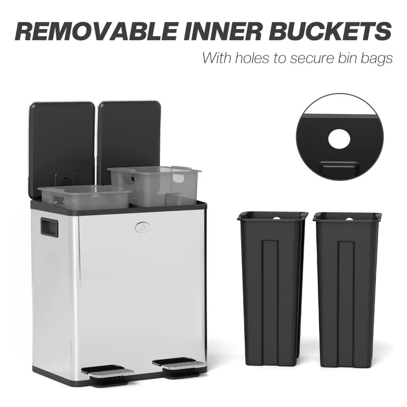 40L Dual Compartment Stainless Steel Trash Bin with Deodoriser Holders - Sleek Silver Tone for Kitchen & Office