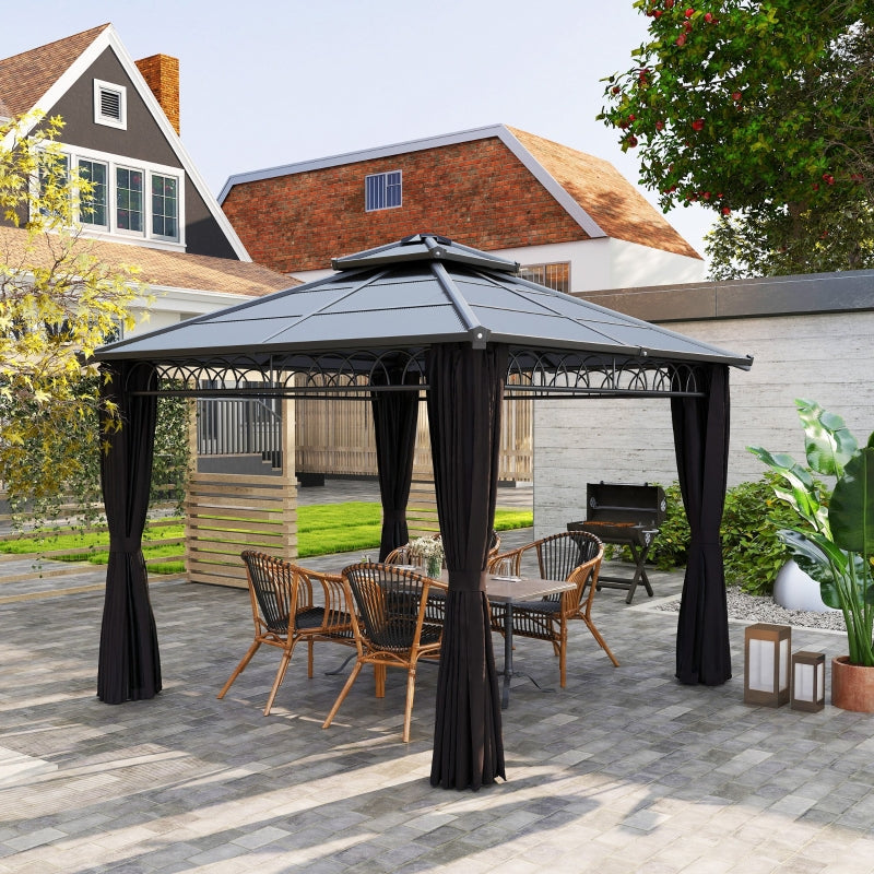 3 x 3 m Dark Grey Outdoor Polycarbonate Gazebo - Double Roof Hard Top with Galvanised Steel Frame, Nettings & Curtains for Garden, Lawn, Patio and Deck