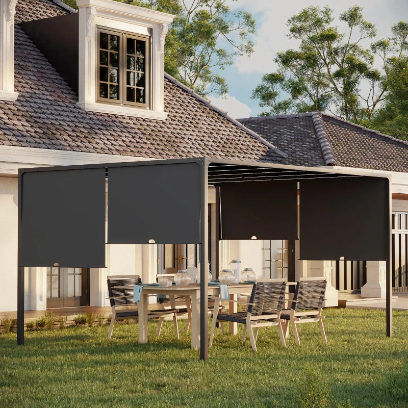 Dark Grey Metal Pergola with LED Lights and Sliding Roof, Solar Powered - 3m x 4m