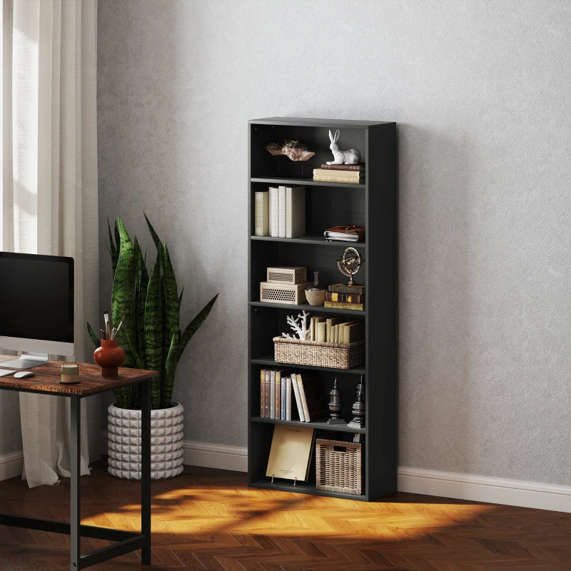 Stylish Black Six Shelf Bookcase - Modern Storage Solution for Home or Office, Perfect for Books and Decor