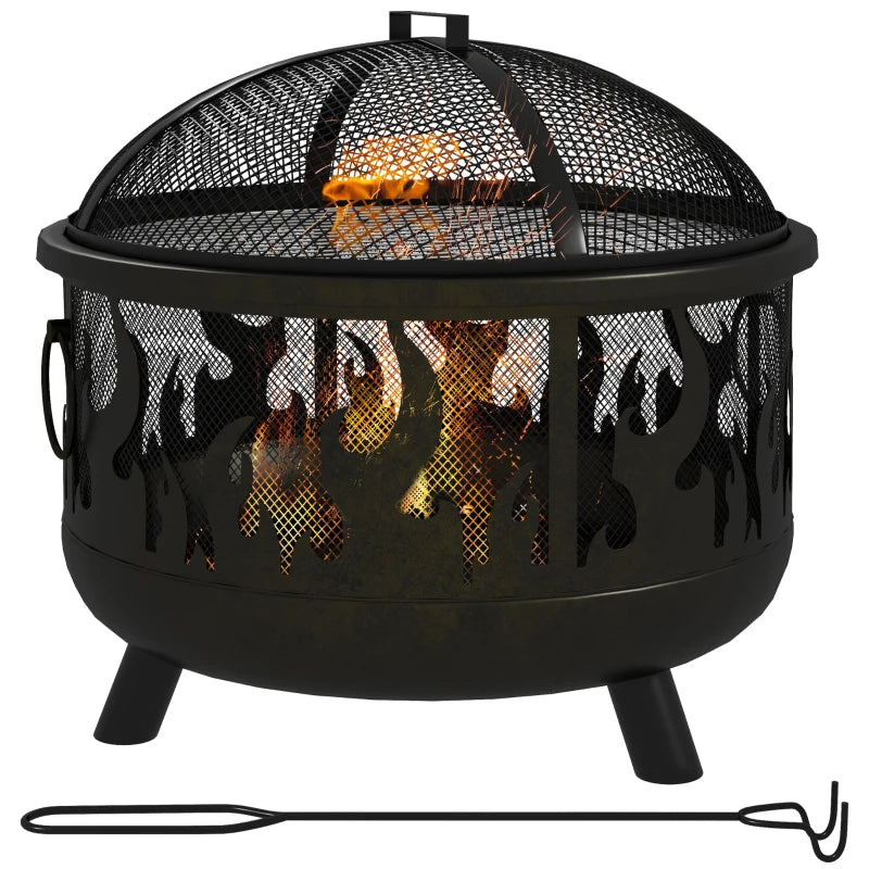 Premium Black Steel Fire Pit BBQ with Poker - Outdoor Heating & Cooking Solution for Patios, Gardens, and Backyards