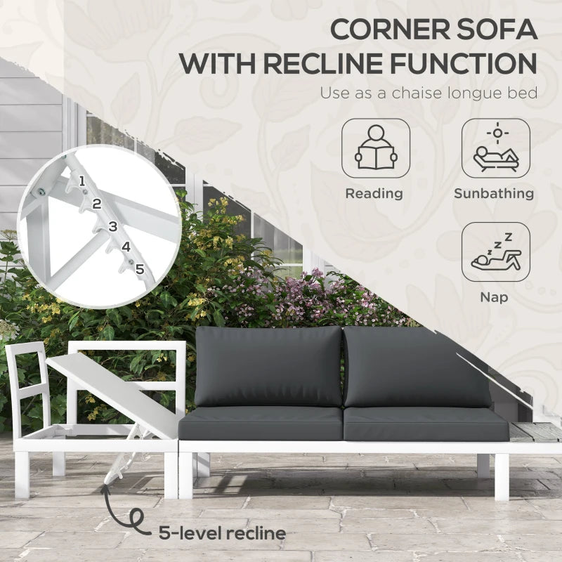 White Framed Metal Corner Sofa Set With Cushions & Woodgrain Table