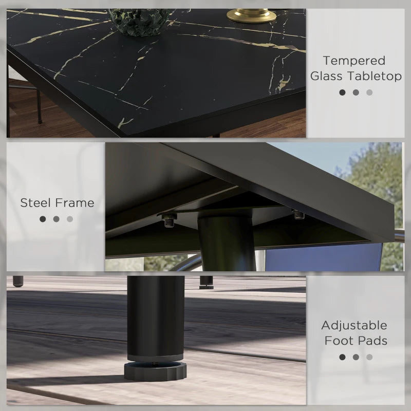 Black Square Outdoor Dining Table for 4 with Marble Glass Top