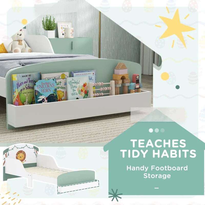 Lion Design Toddler Bed with Storage and Guardrails for Ages 3-8 Fits 140x70cm Mattress Green
