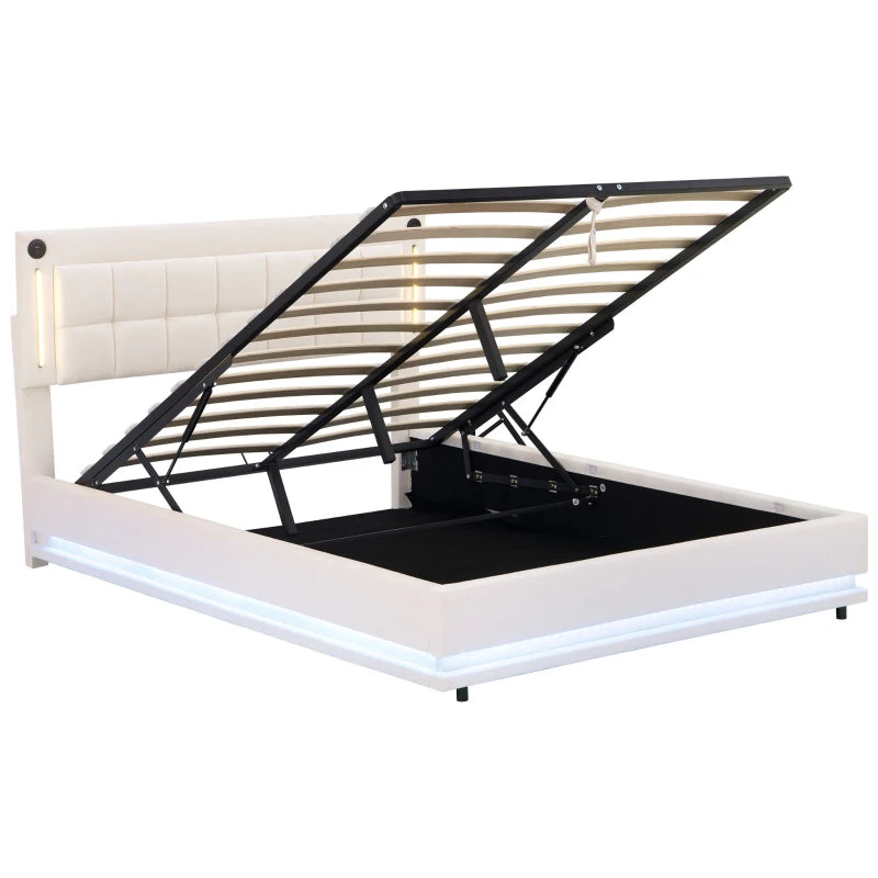 King Size LED Hydraulic Bed with Charging Station Adjustable Tufted Headboard Space Saving Design Beige