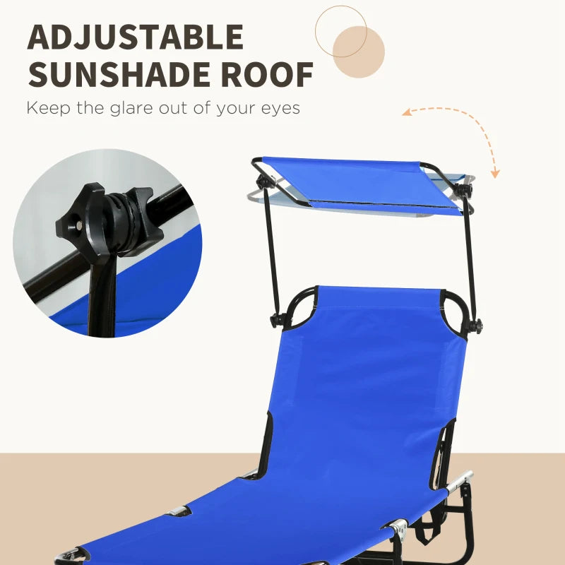 2 Piece Blue Folding Sun Loungers with Canopy - Adjustable Recliner Garden Chairs with Side Pocket, Steel Frame and Breathable Mesh for Outdoor, Pool, Beach, Garden