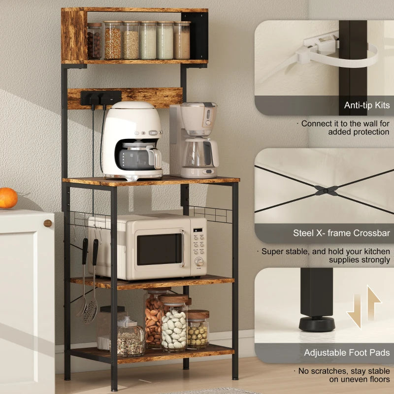 Rustic Brown Bakers Rack with Power Outlet & USB Charger - Adjustable Microwave Stand & Kitchen Storage Unit with 5 Hooks