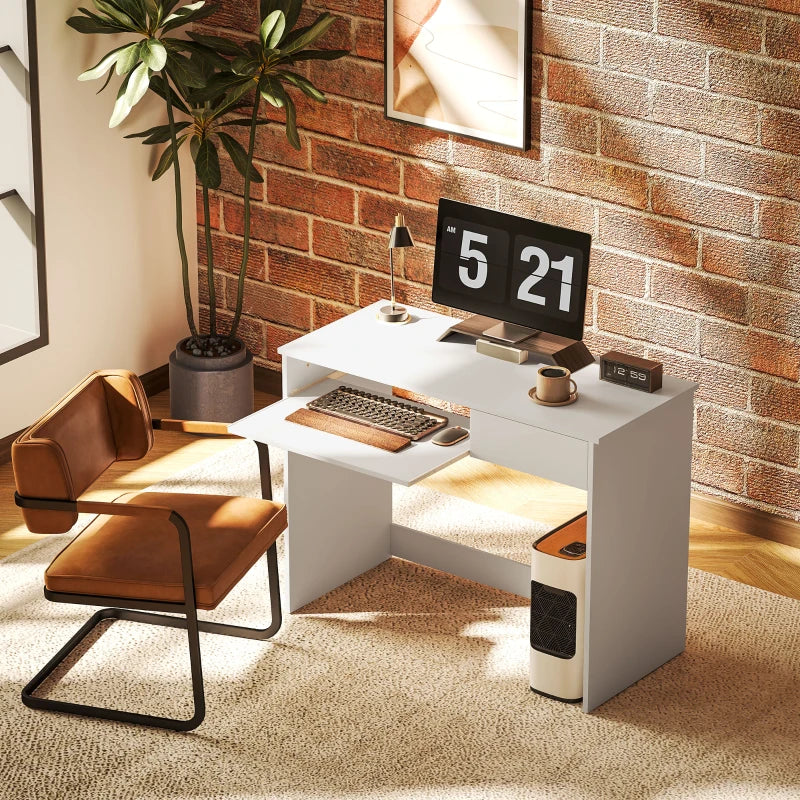 100cm Compact Computer Desk with Keyboard Tray & Drawer - Stylish Home Office Desk for Bedroom Study, White Finish