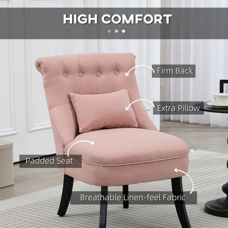 Upholstered Pink Fabric Tub Chair with Pillow and Solid Wood Legs for Living Room or Dining Room