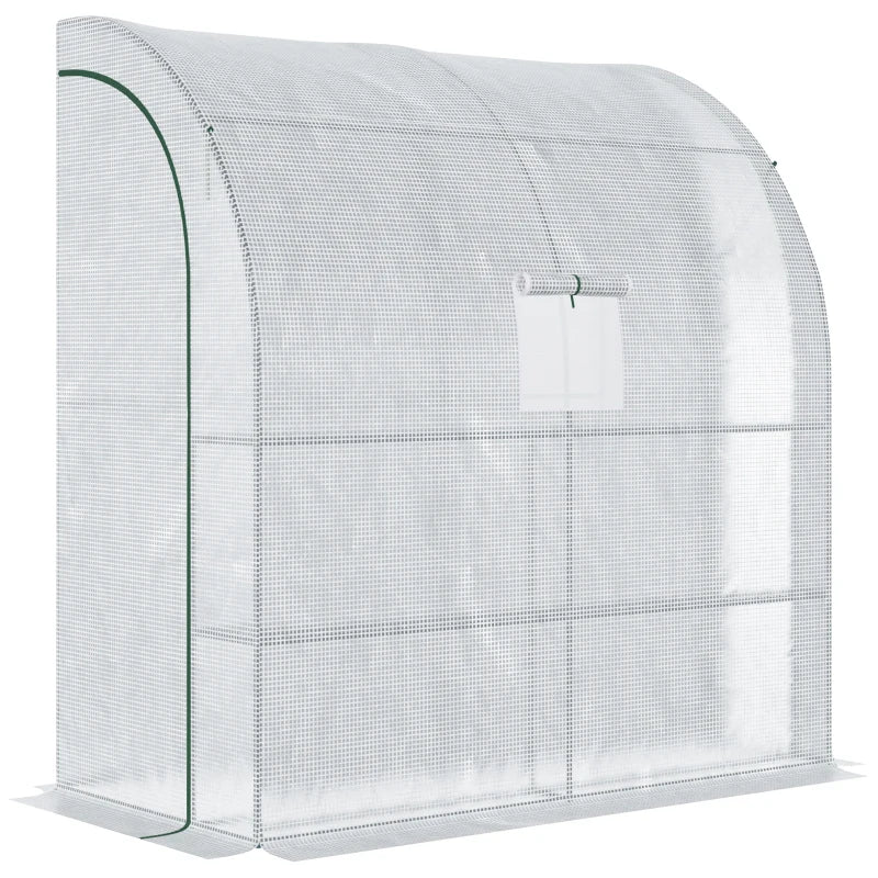 Green Walk-In Lean-to Greenhouse with Windows and Doors - 2 Tiers, 4 Shelves - White