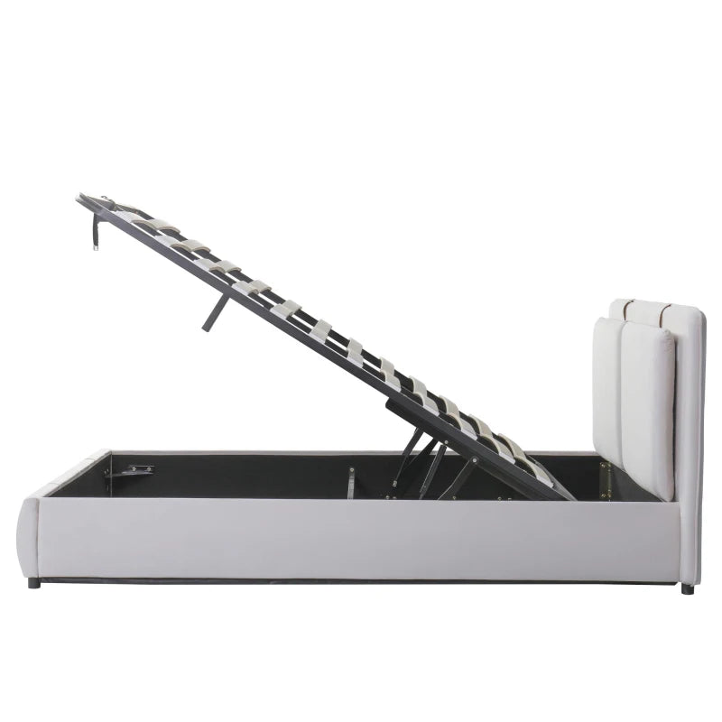 Upholstered Double Bed with Hydraulic Storage & Headboard - Full-Size Beige Bed for Bedding Storage, 210x159x90 cm