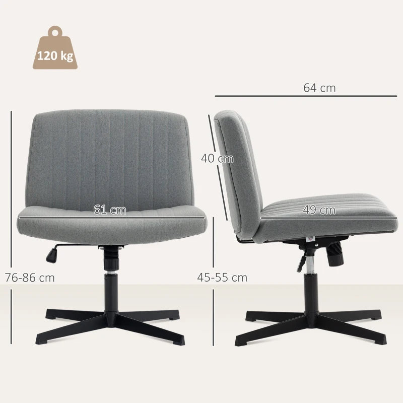 Armless Grey Office Chair - Linen Fabric, Criss Cross Legs, Wide Seat, Thick Padding, Adjustable Height, No Wheels