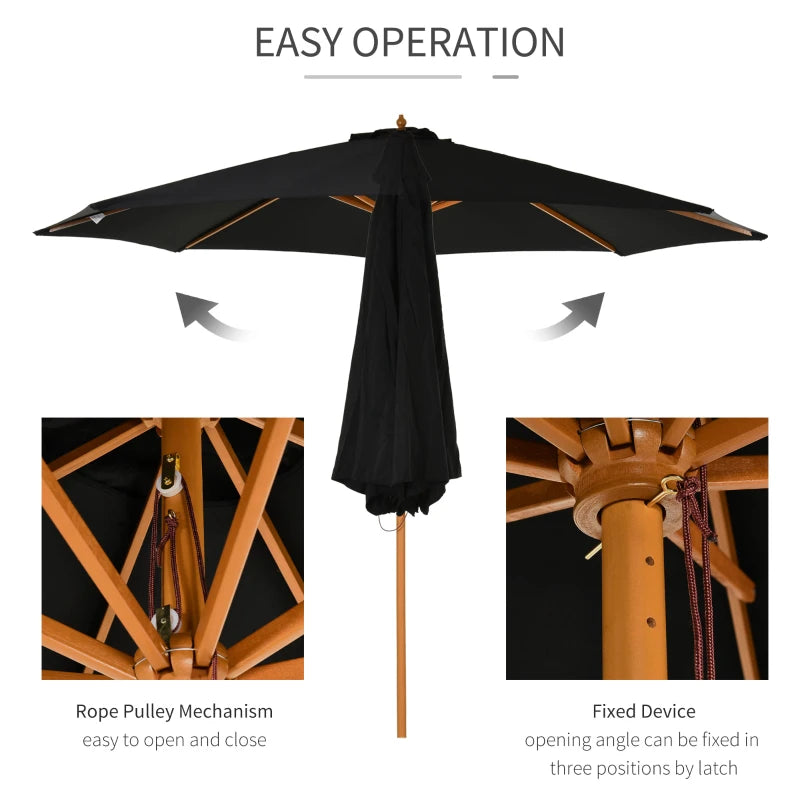 Black 3m Wooden Patio Umbrella with Pulley Mechanism