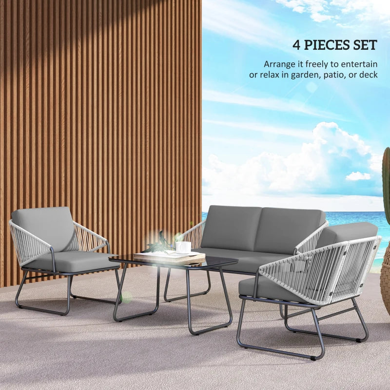 4 Piece Grey Rattan Garden Furniture Set - Wicker Patio Outdoor Loveseat, Armchairs, Glass Top Coffee Table with Cushions for Patio, Conservatory, Balcony