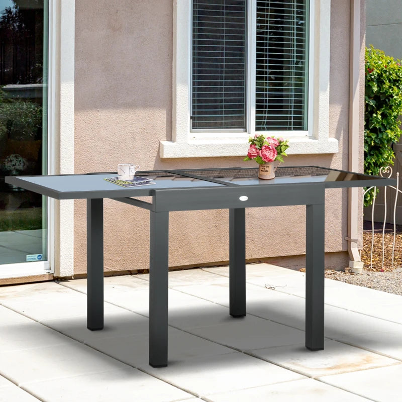 Black Extendable Outdoor Dining Table, Aluminium Frame, Tempered Glass, 80/160 x 80 x 75 cm