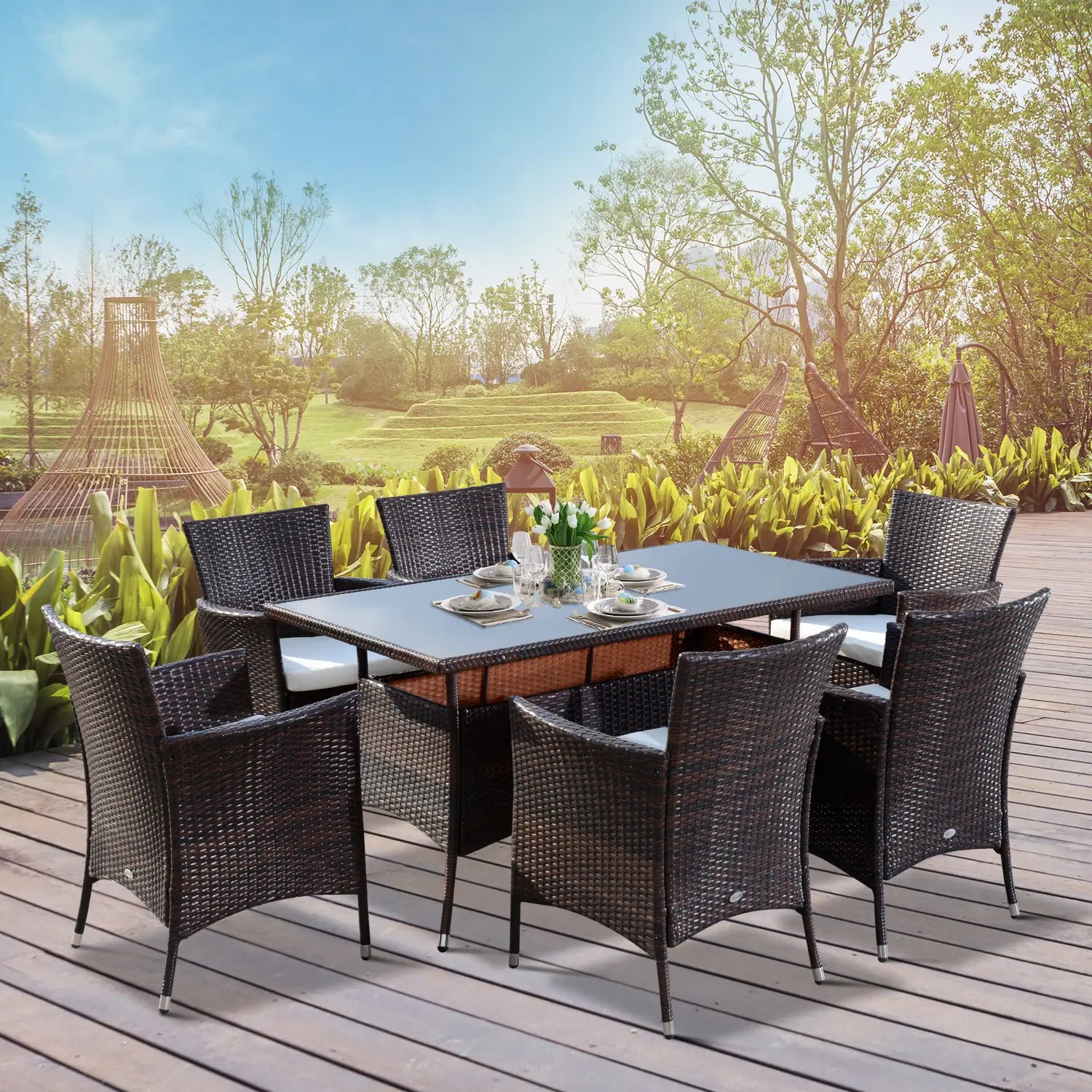 Brown 6 Seater Rattan Dining Set with Cushions and Rectangular Glass Top Table