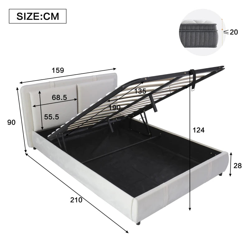 Upholstered Double Bed with Hydraulic Storage & Headboard - Full-Size Beige Bed for Bedding Storage, 210x159x90 cm