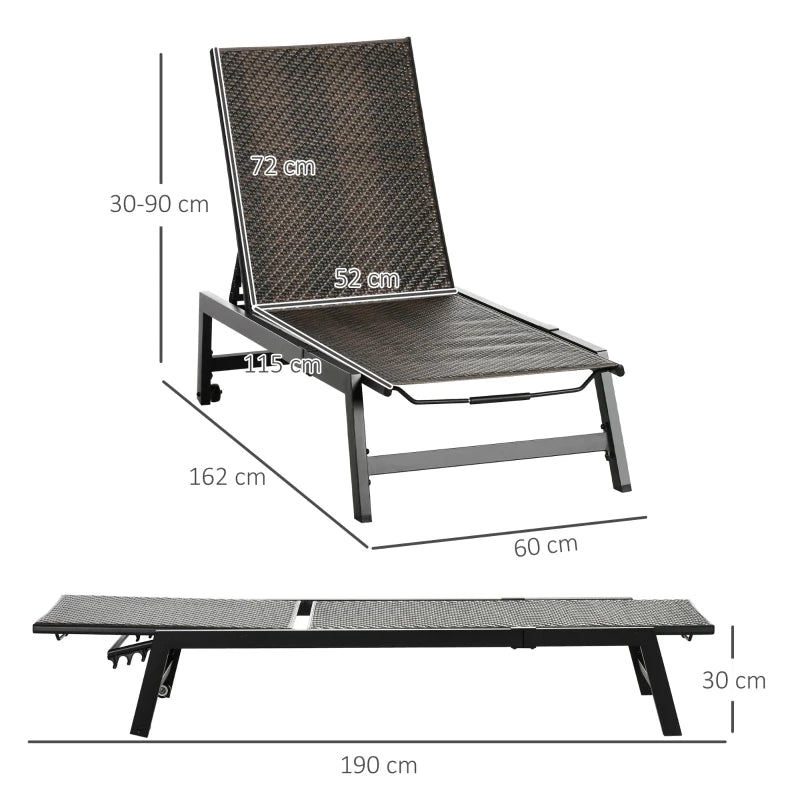 Brown Rattan Patio Sun Lounger with 5-Position Backrest and Wheels