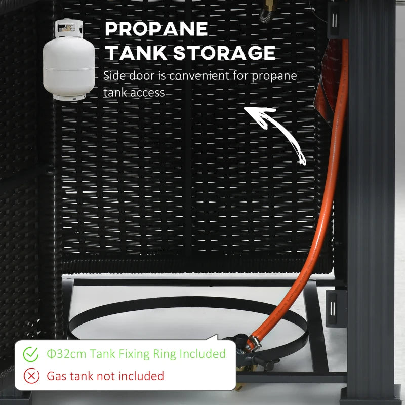 Black Rattan Gas Fire Pit Table with Marble Desktop and Glass Windscreen